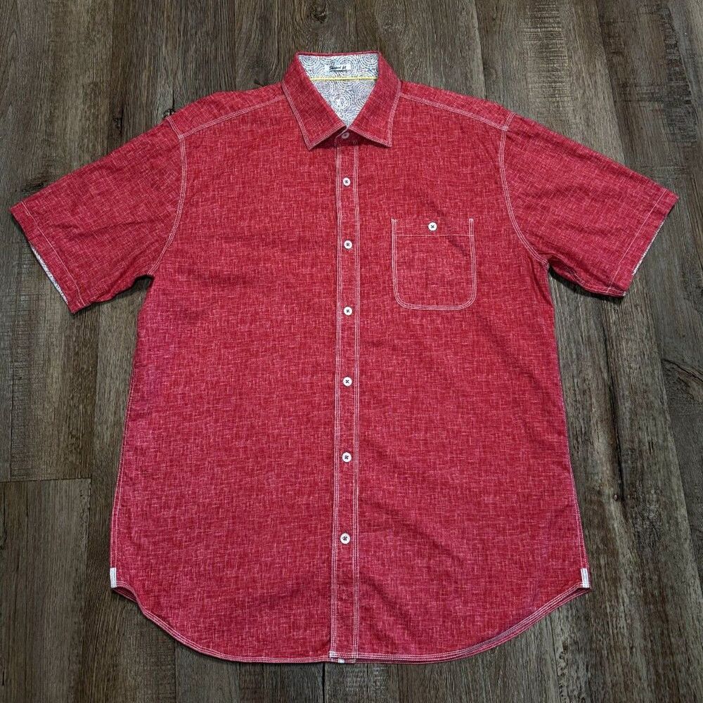 Bugatchi Uomo Men's Short Sleeve Button-Up Shirt Red Chambray Contrast Stitch
